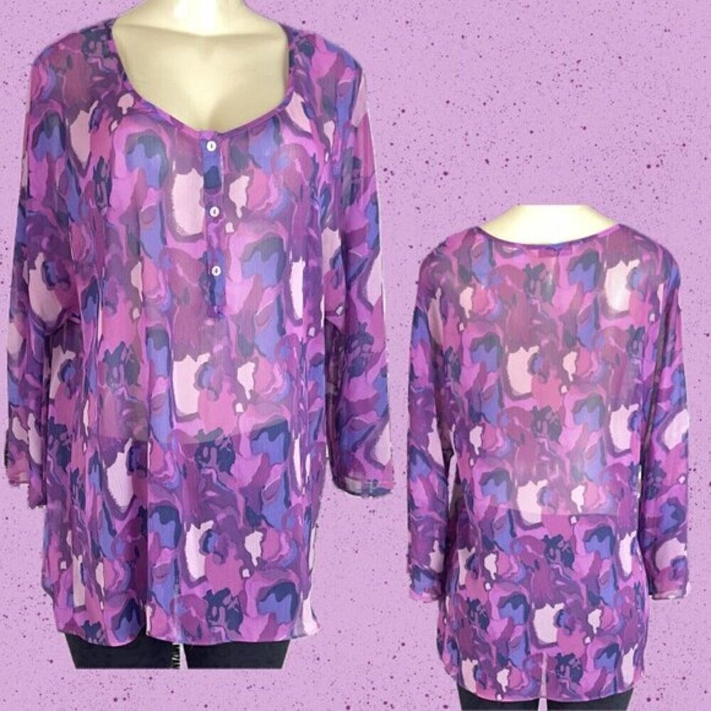 Isaac Mizarahi L Purple-Pink Abstract Floral Sheer Button Neck 3/4 Sleeve Blouse